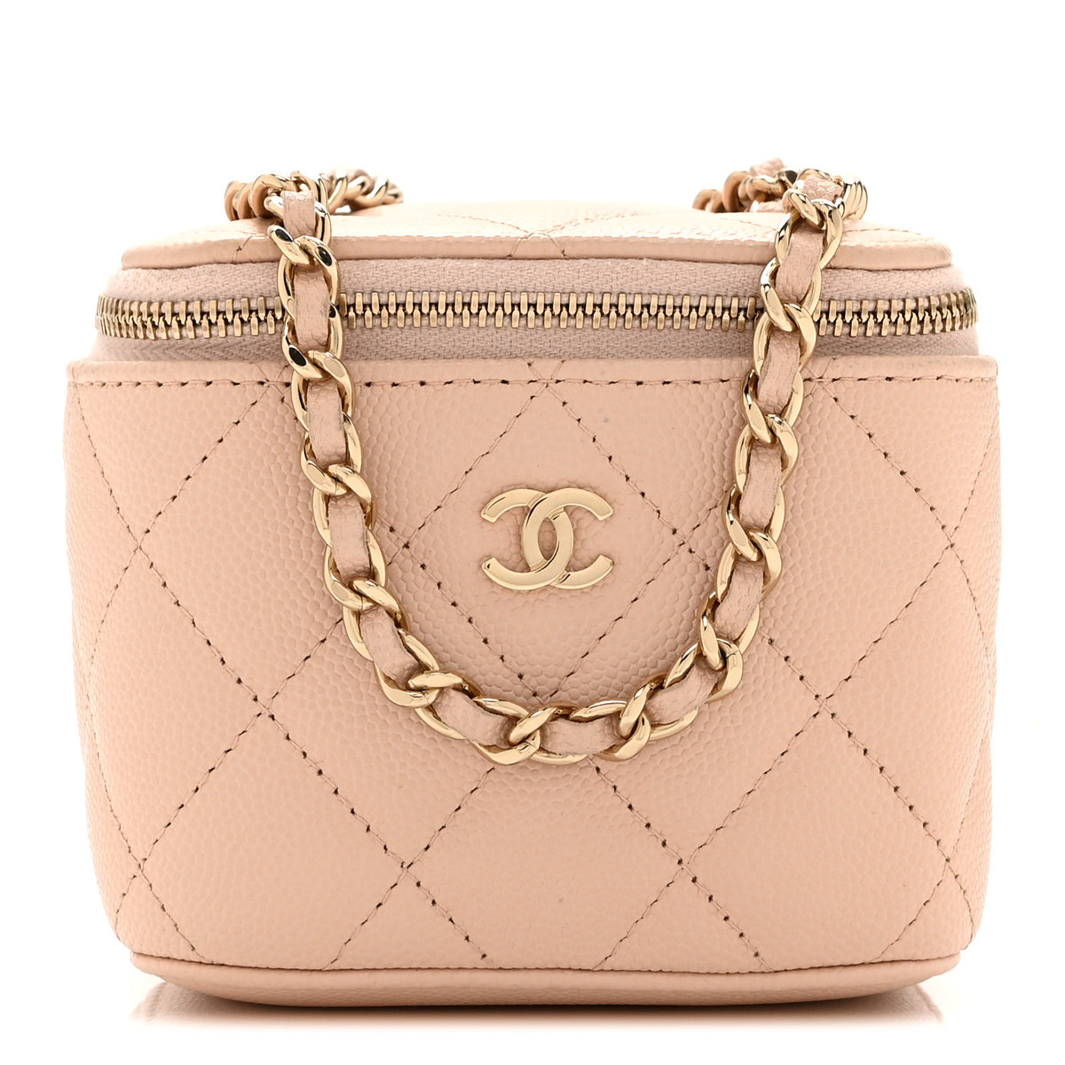 Caviar Quilted Mini Vanity Case With Chain Light Beige
