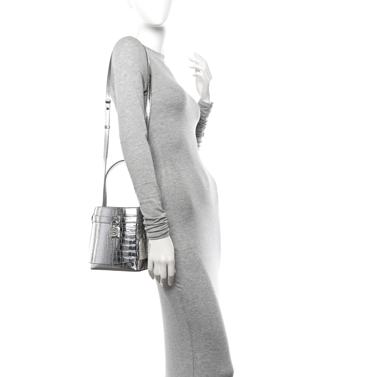 Givenchy Metallic Calfskin Crocodile Embossed Shark Lock Bucket Bag Light Silvery 2 of 11