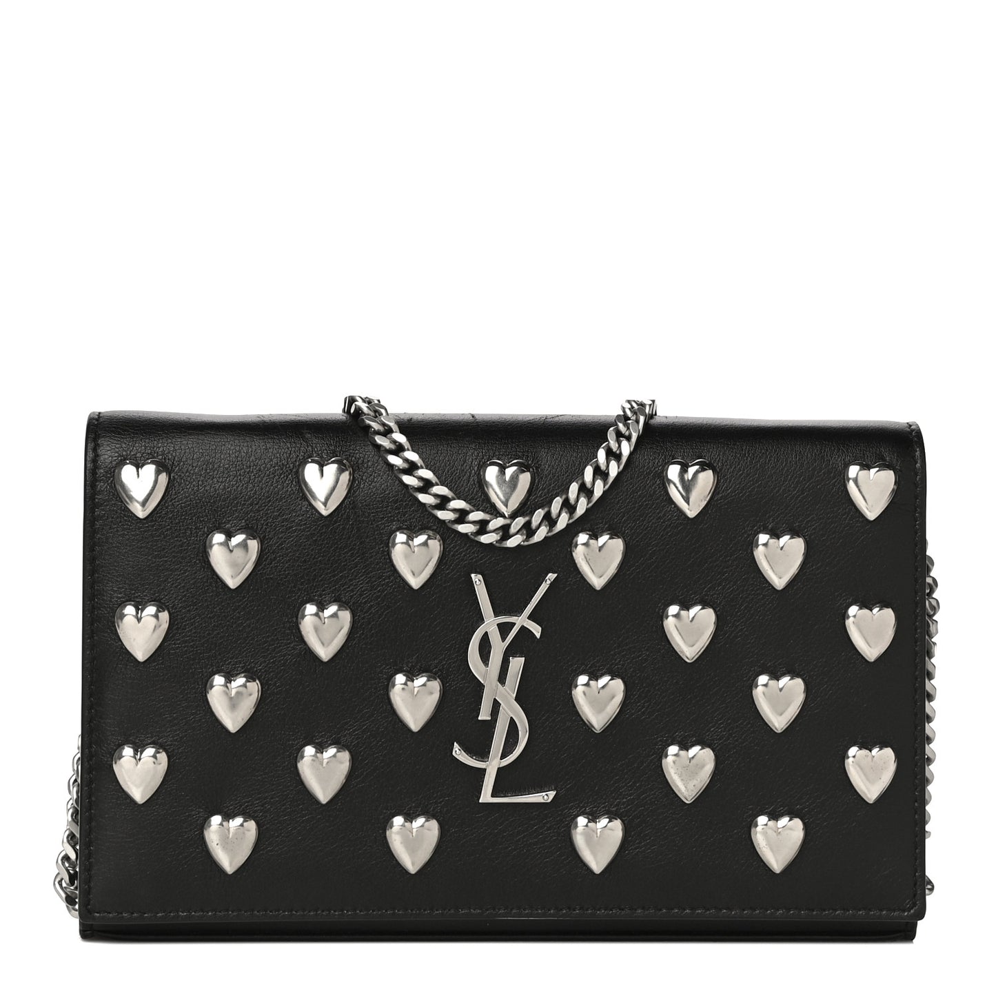 Calfskin Heart Studded Monogram Chain Wallet Black