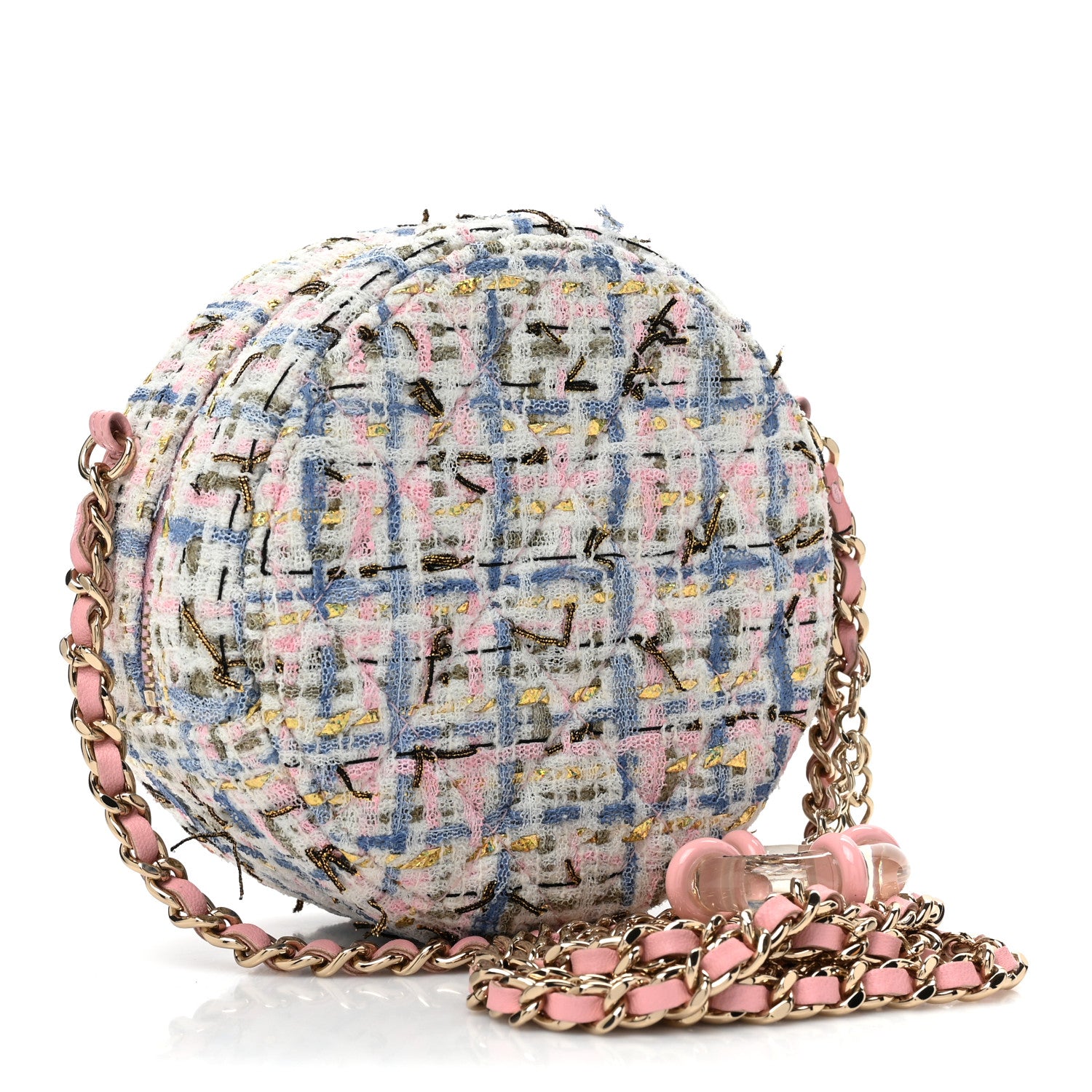 Chanel Tweed Quilted Round Clutch With Chain White Pink Multicolor 3 of 9