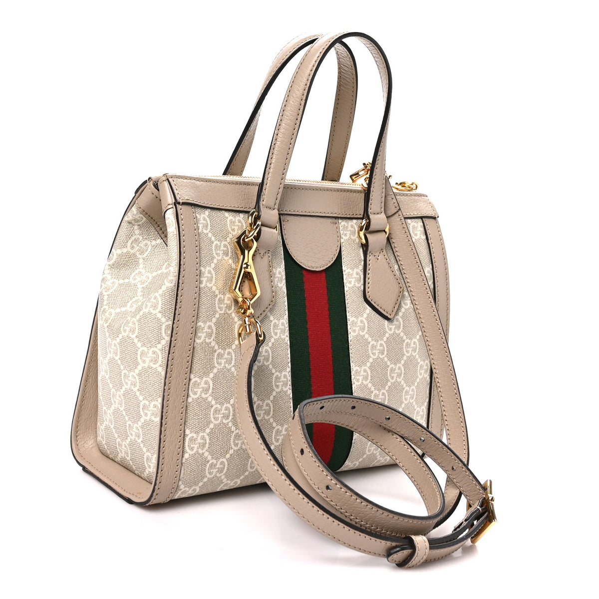 GG Supreme Monogram Textured Dollar Calfskin Web Small Ophidia Tote Bag Beige Mystic White Oatmeal
