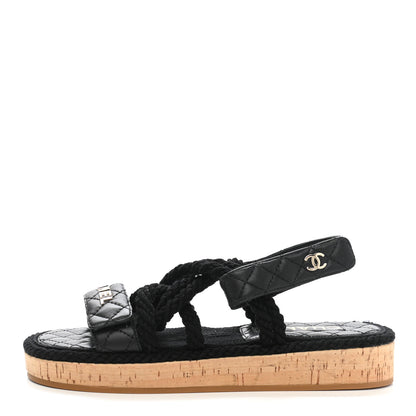 Chanel Cord Lambskin Quilted Logo Sandals 37 Black 1 of 8
