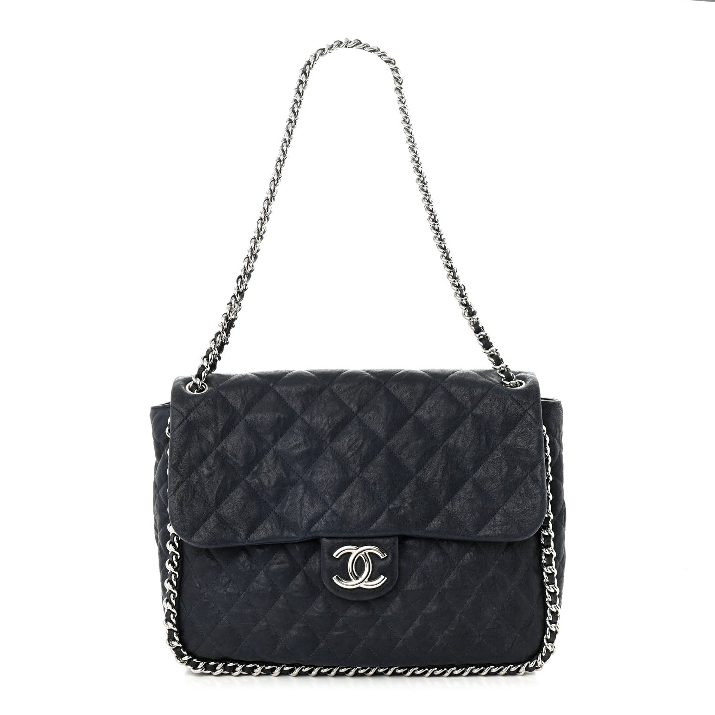 Washed Lambskin Quilted Maxi Chain Around Flap Black