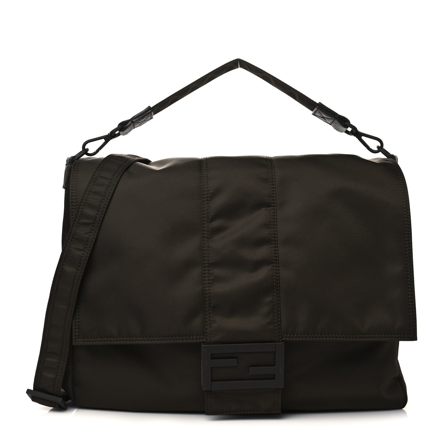 Econyl Nylon Cuoio Romano Monochrome Large Baguette Messenger Bag Ebano