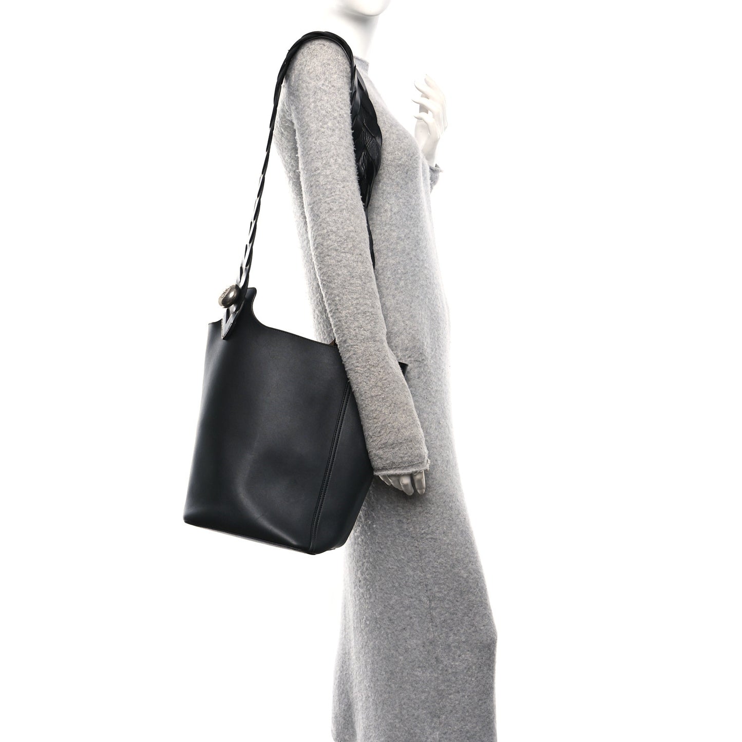 Smooth Calfski Large Woven Pebble Bucket Bag Black