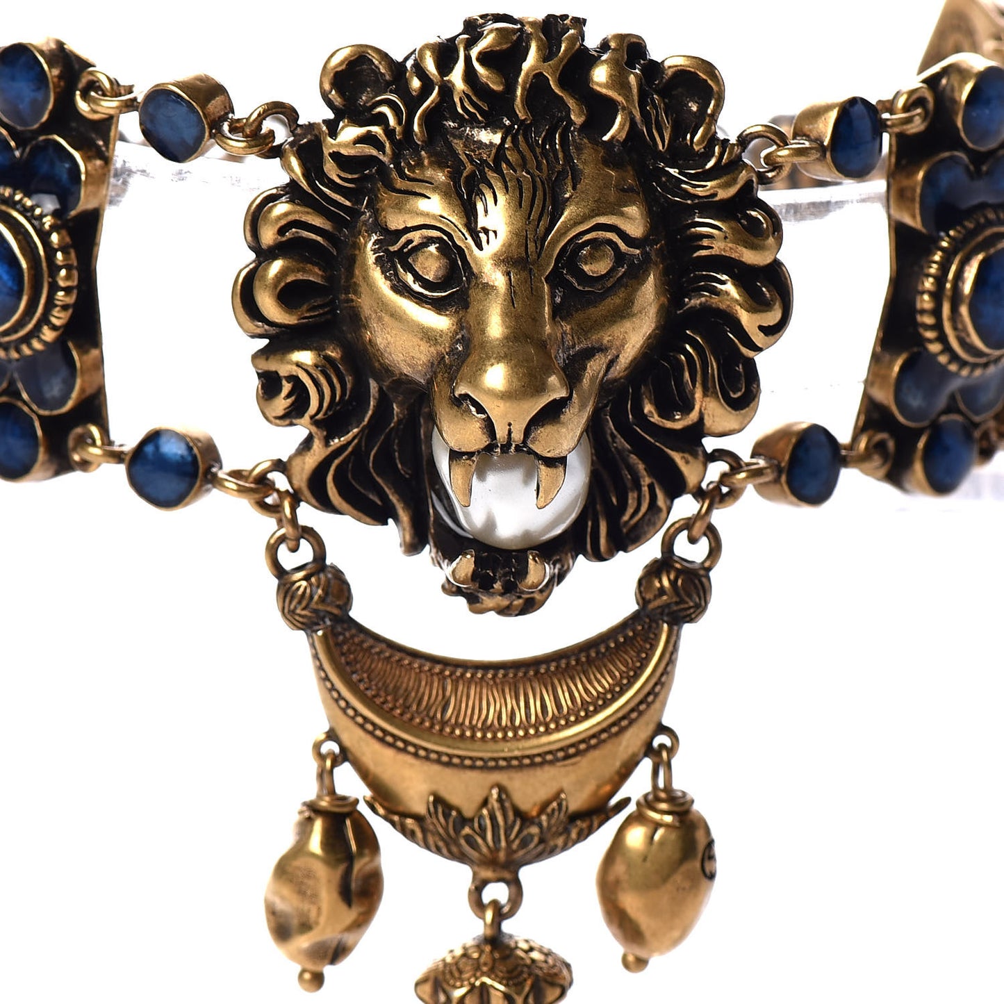 Metal Resin Pearl Lion Head Bracelet Aged Gold Blue