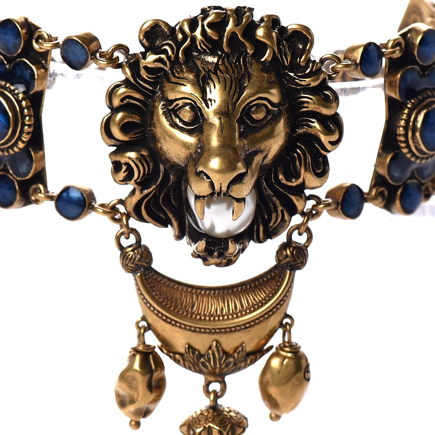 Gucci Metal Resin Pearl Lion Head Bracelet Aged Gold Blue 3 of 4