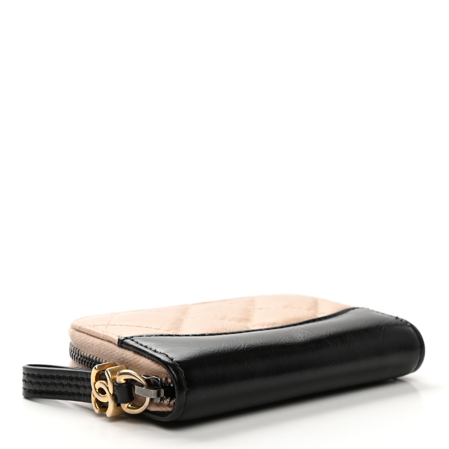 Aged Calfskin Quilted Gabrielle Zip Around Coin Purse Wallet Beige Black