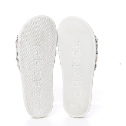 Chanel Tweed Grosgrain Camellia Flat Sandals 37 Ivory Ecru Green 7 of 10