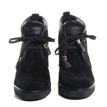 Louis Vuitton Monogram Suede Wedge Ankle Boots 38.5 Black 2 of 6