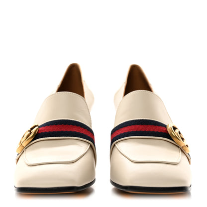 Gucci Betis Glamour Calfskin Web Pearl Embellished Peyton 75mm Loafer Pumps 40 Mystic White 2 of 9