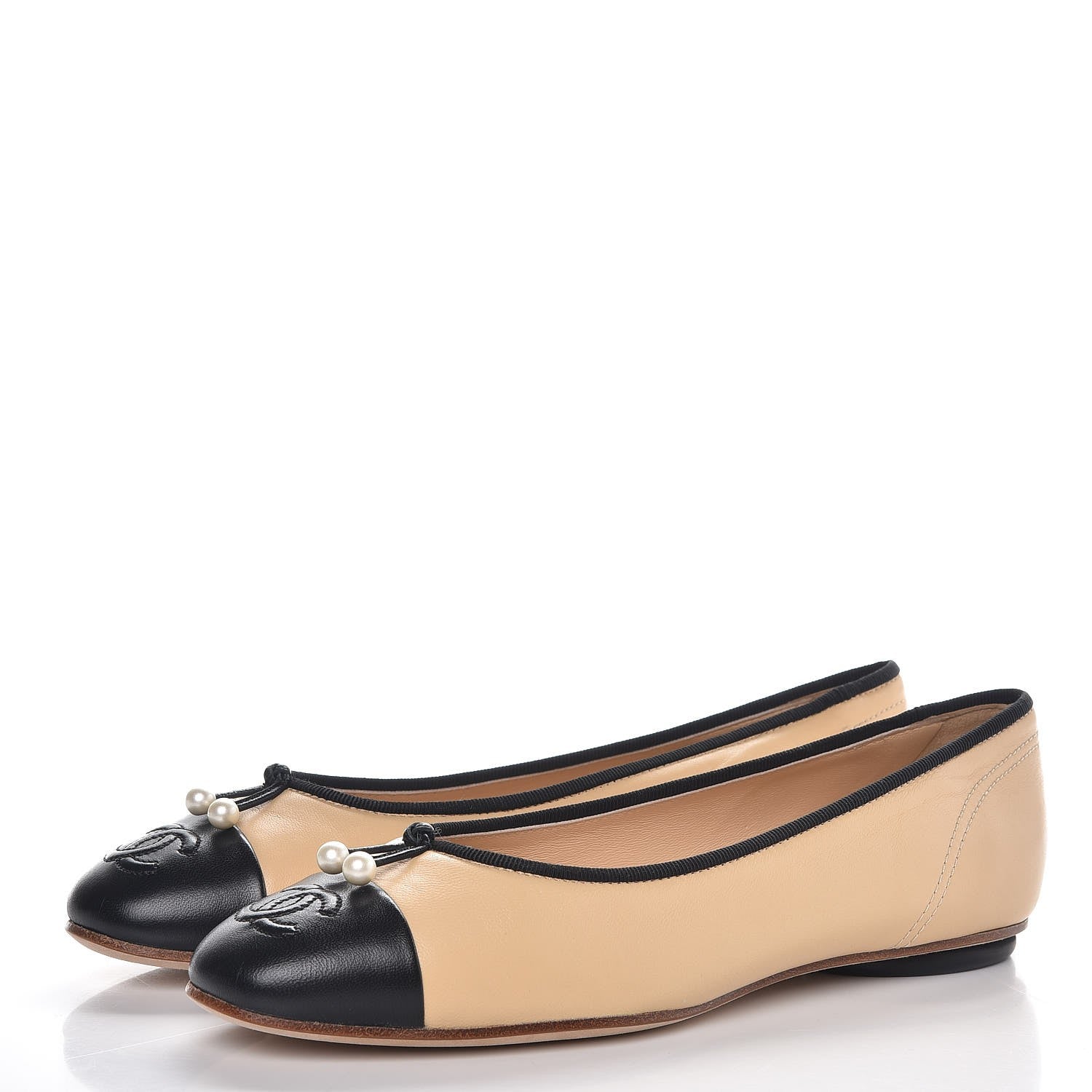 Chanel Lambskin Pearl Cap Toe Ballerina Flats 37.5 Beige Black 3 of 8