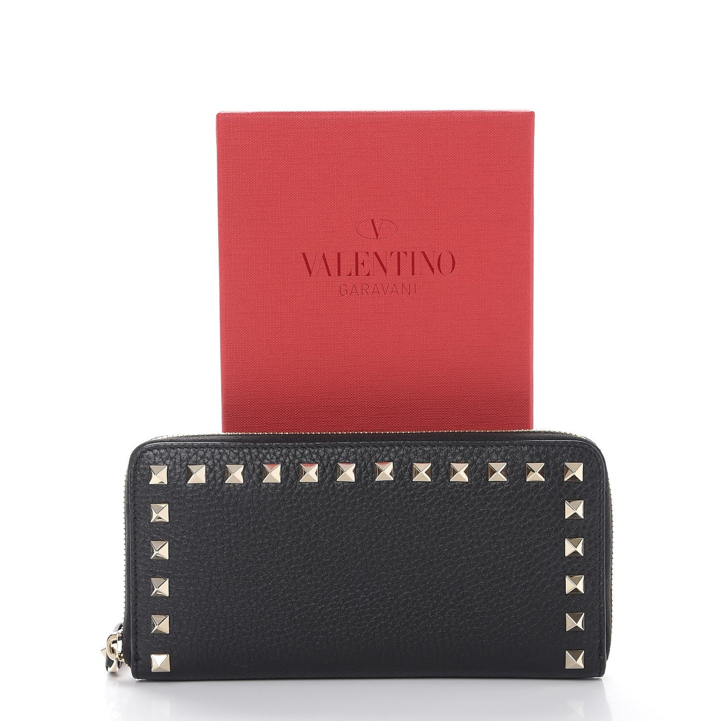 Pebbled Calfskin Rockstud Zip Around Wallet Black