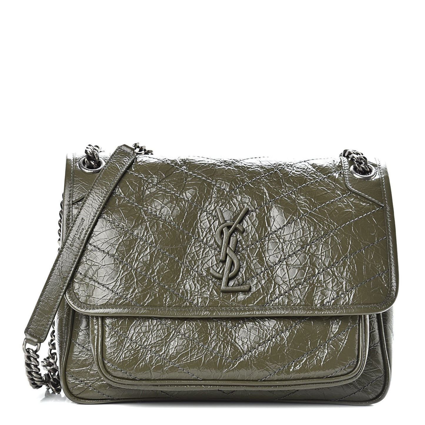 Crinkled Calfskin Matelasse Monogram Medium Niki Chain Satchel Military Olive