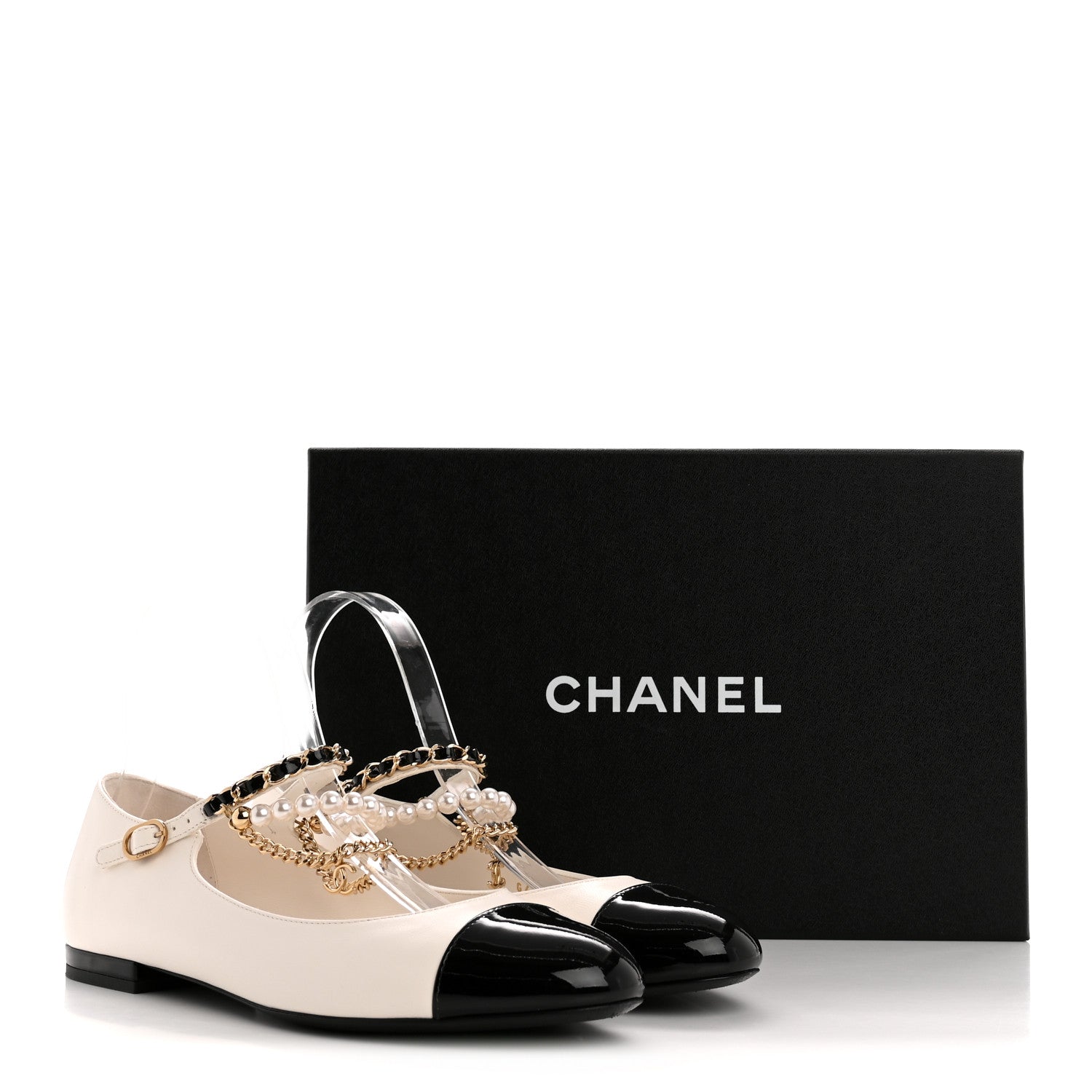 Chanel Shiny Lambskin Pearl Cap Toe Ankle Chain Ballerina Flats 38
