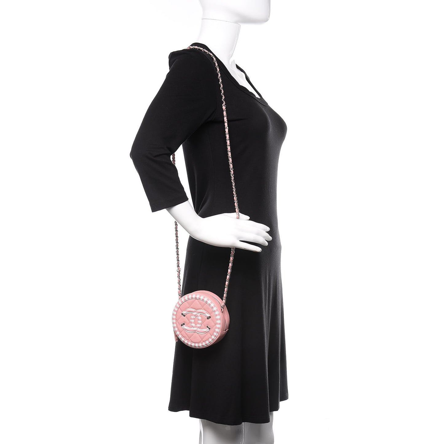 Caviar Quilted Filigree Round Clutch With Chain Pink White