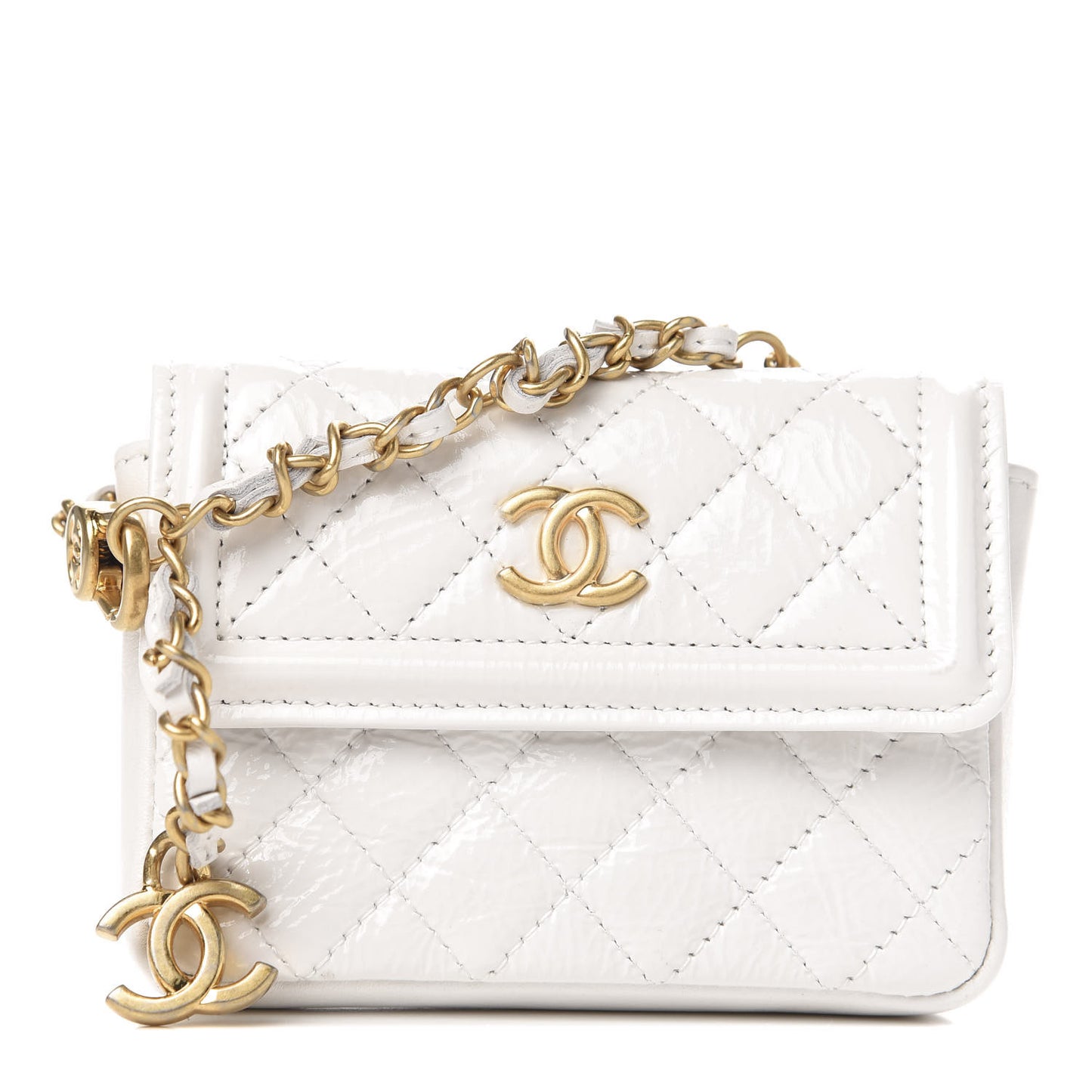 Shiny Aged Calfskin Quilted Waist Belt Bag White