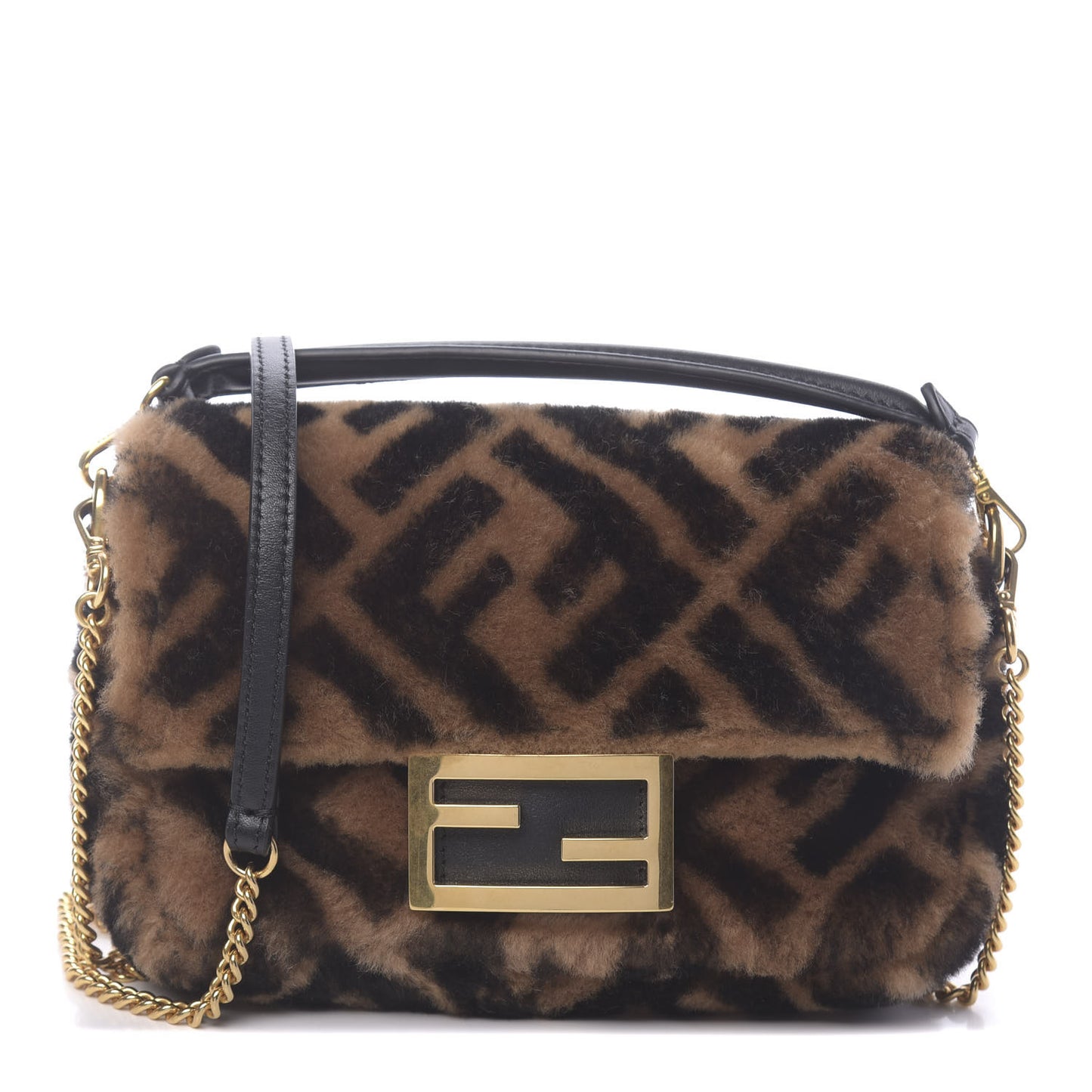 Shearling Vitello Dolce Macro FF 1974 Mini Baguette Tobacco Black