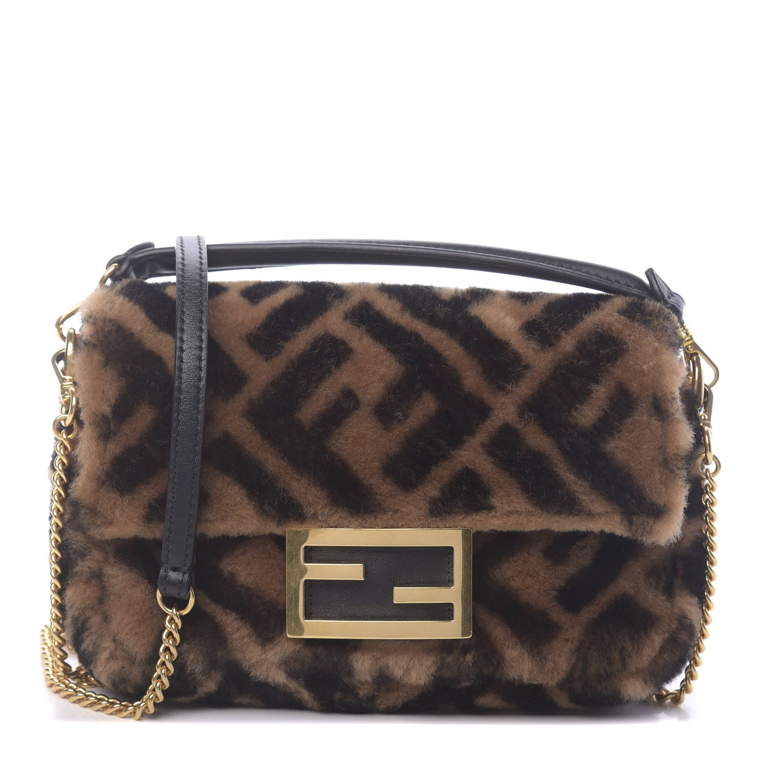 Fendi Shearling Vitello Dolce Macro FF 1974 Mini Baguette Tobacco Black 1 of 11