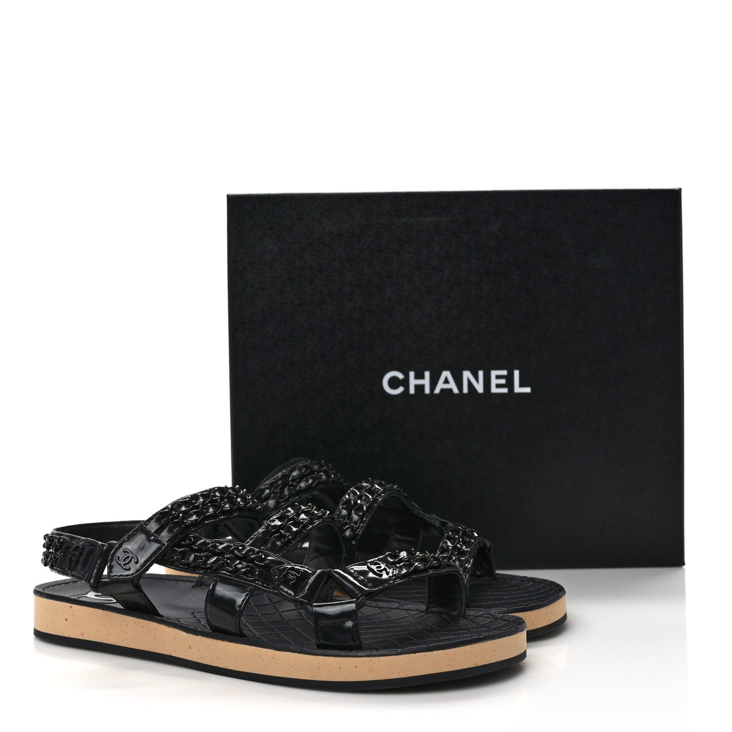 Laminated Goatskin Chain Sandals 40 Black