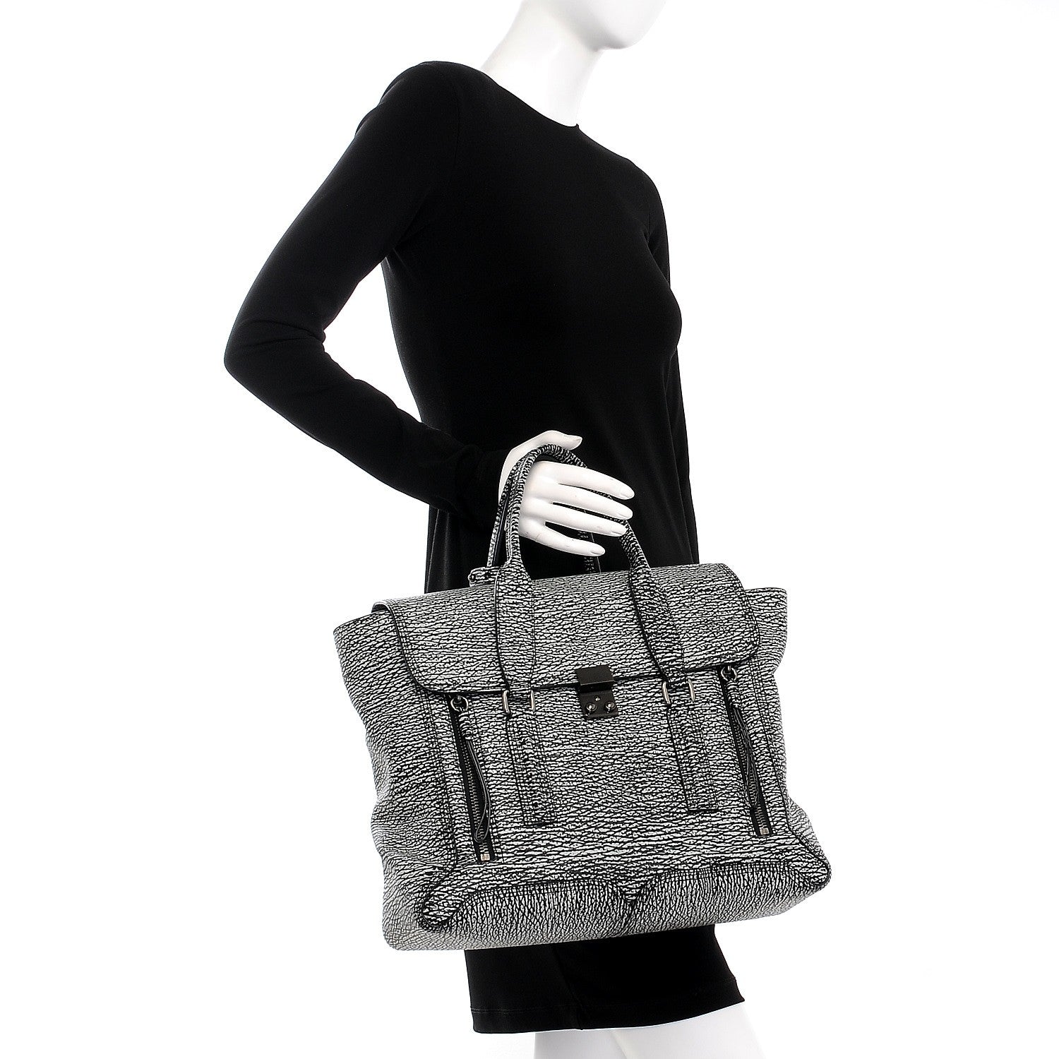 3.1 Phillip Lim Textured Calfskin Large Pashli Satchel Black Cream 4 of 19