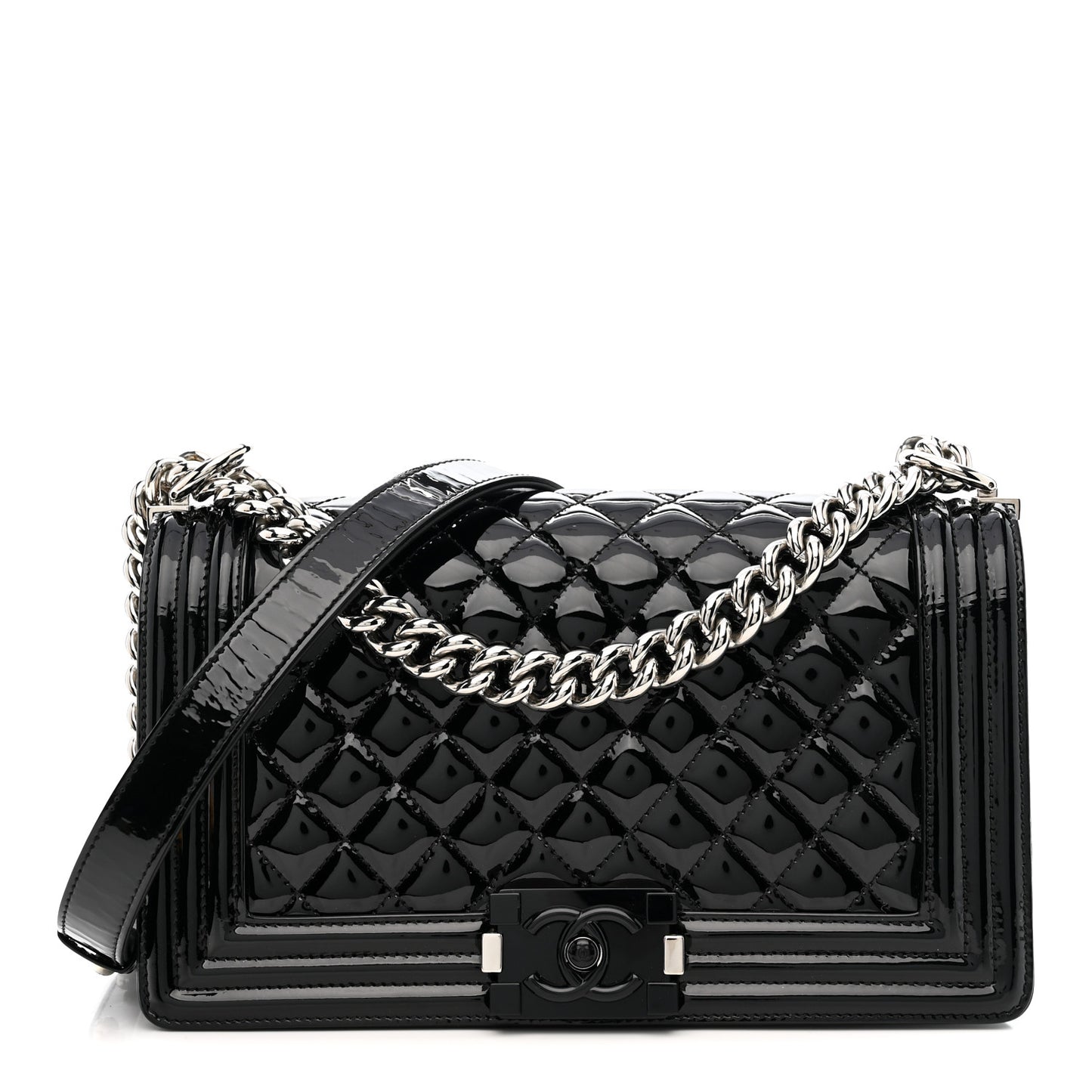 Patent Calfskin Quilted Medium Plexiglass Boy Flap Black