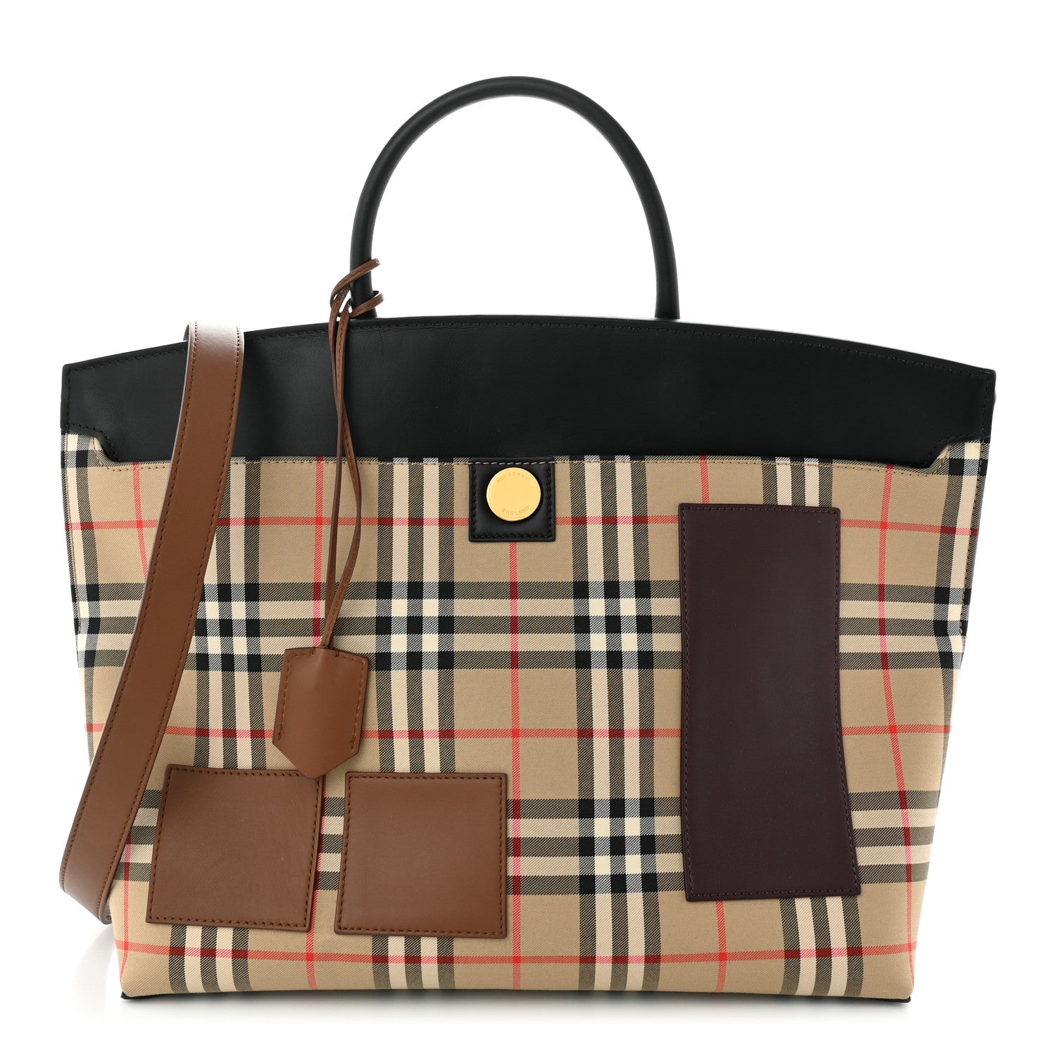 Burberry Calfskin House Check Medium Society Top Handle Bag Archive Beige Black 1 of 9
