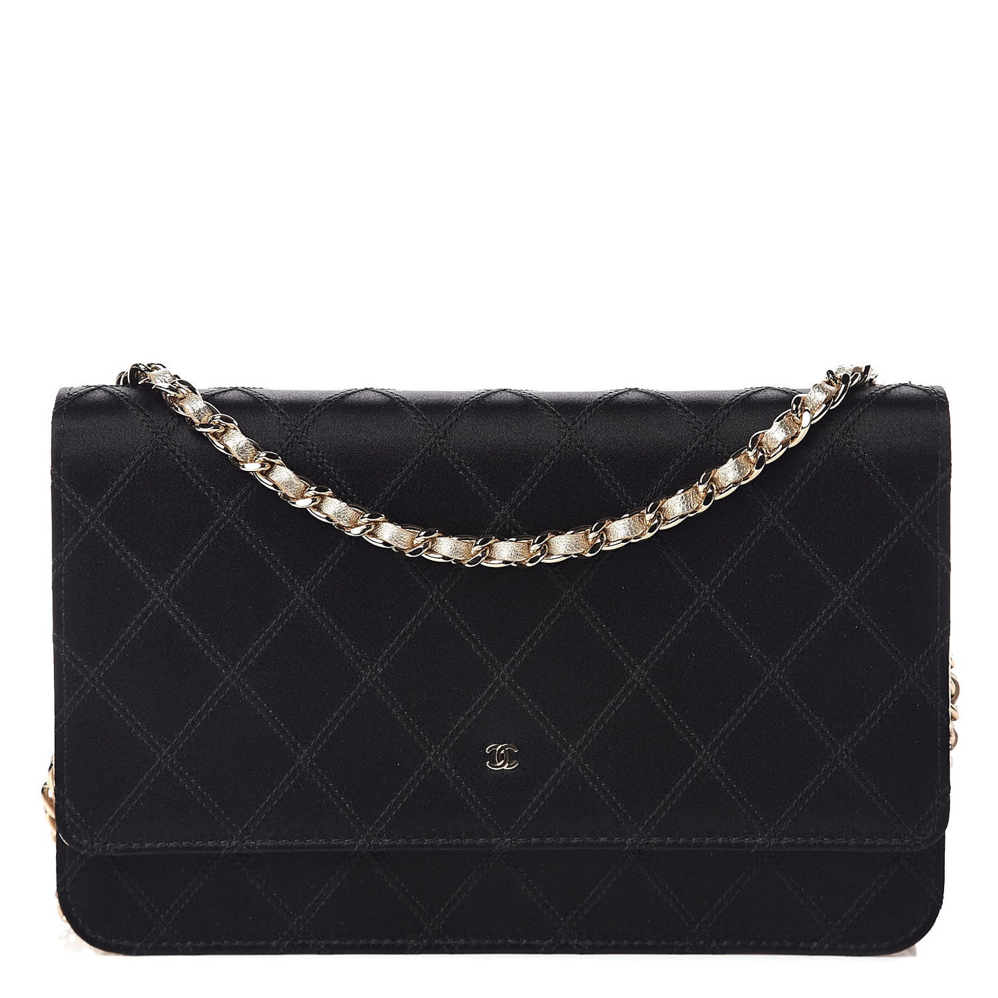 Satin Diamond Stitch Wallet On Chain WOC Black Gold