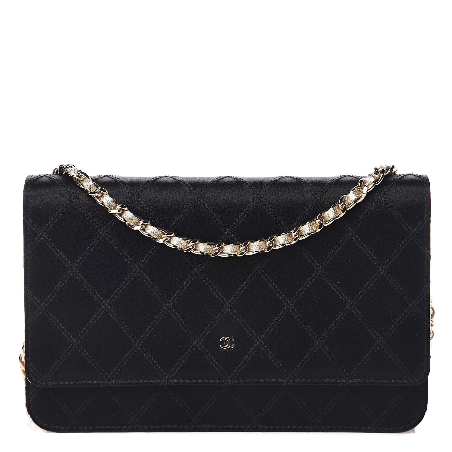 Chanel Satin Diamond Stitch Wallet On Chain WOC Black Gold 1 of 11