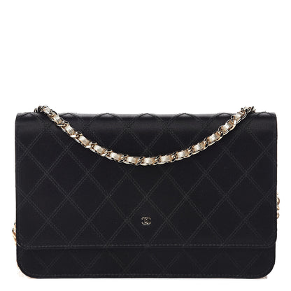 Chanel Satin Diamond Stitch Wallet On Chain WOC Black Gold 1 of 11