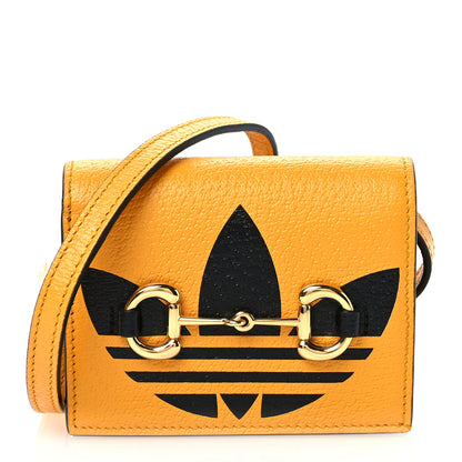 Gucci X ADIDAS Textured Dollar Calfskin Trefoil Horsebit 1955 Card Case Wallet With Strap Crop Black 1 of 9