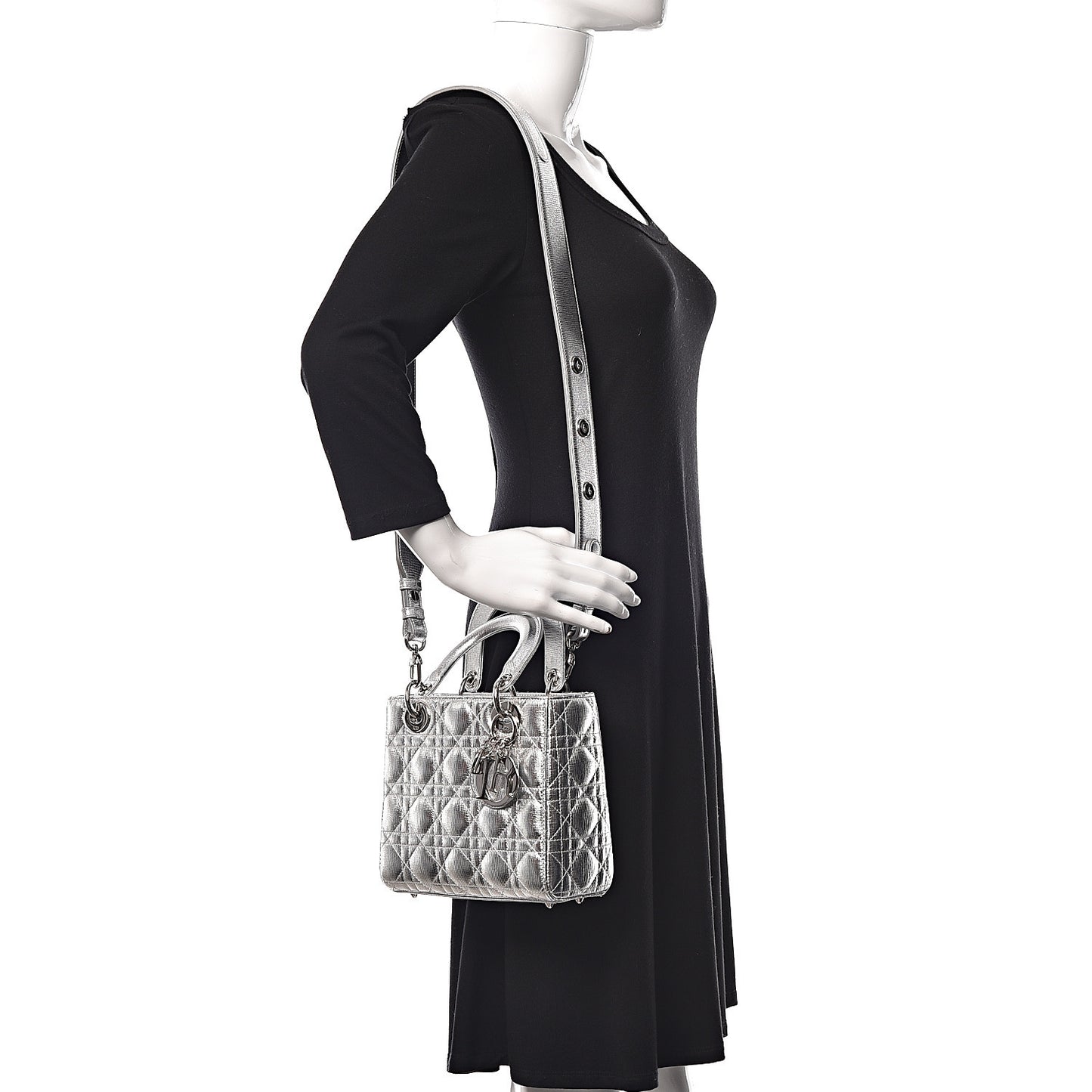 Metallic Grained Calfskin Cannage Small Lucky Badges My Lady Dior Silver