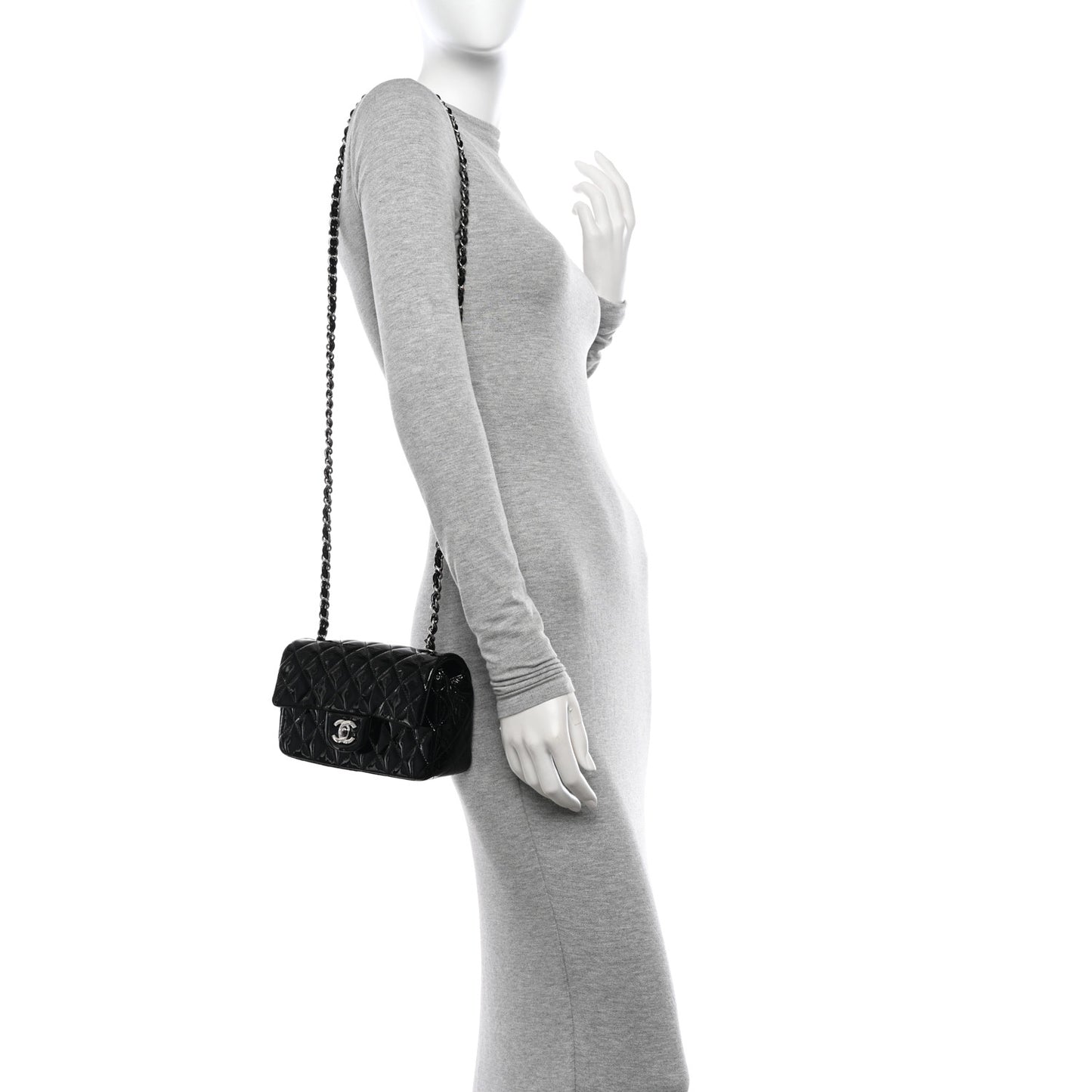 Patent Calfskin Quilted Mini Rectangular Flap Black