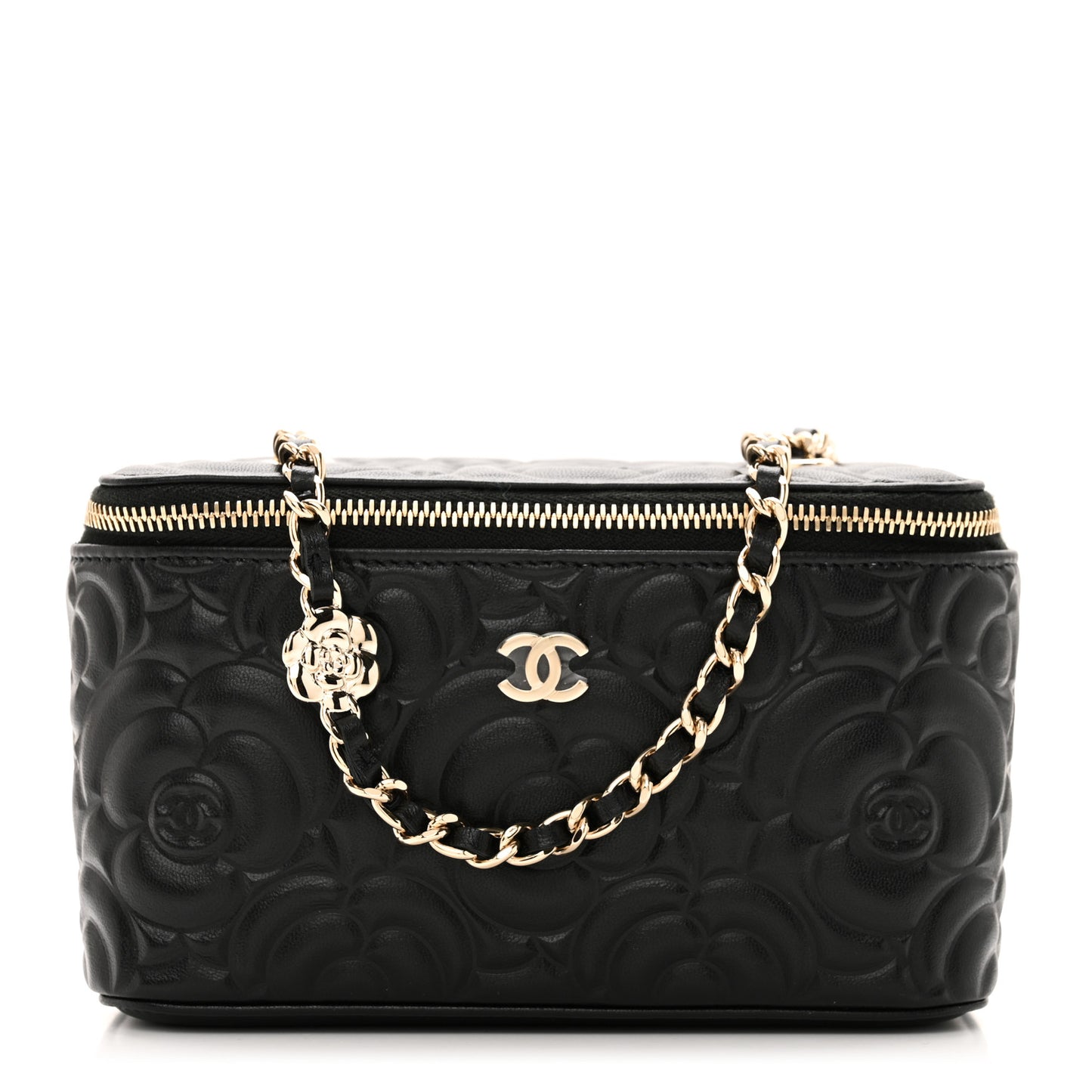 Lambskin Camellia Embossed Small Vanity Case With Chain Black