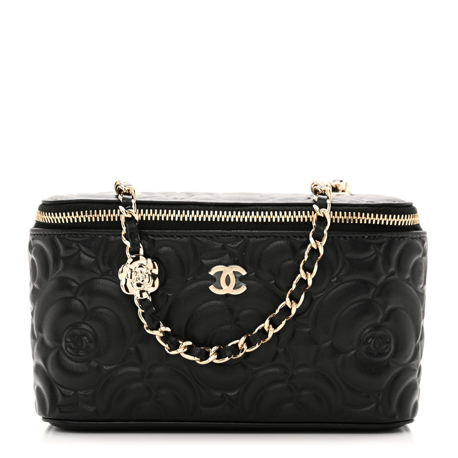 Chanel Lambskin Camellia Embossed Small Vanity Case With Chain Black 1 of 10