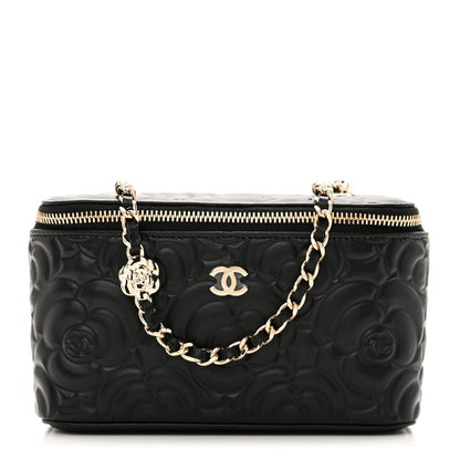 Chanel Lambskin Camellia Embossed Small Vanity Case With Chain Black 1 of 10