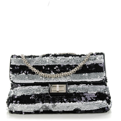 Chanel Sequin Striped Medium Reissue Flap Black Silver 1 of 7