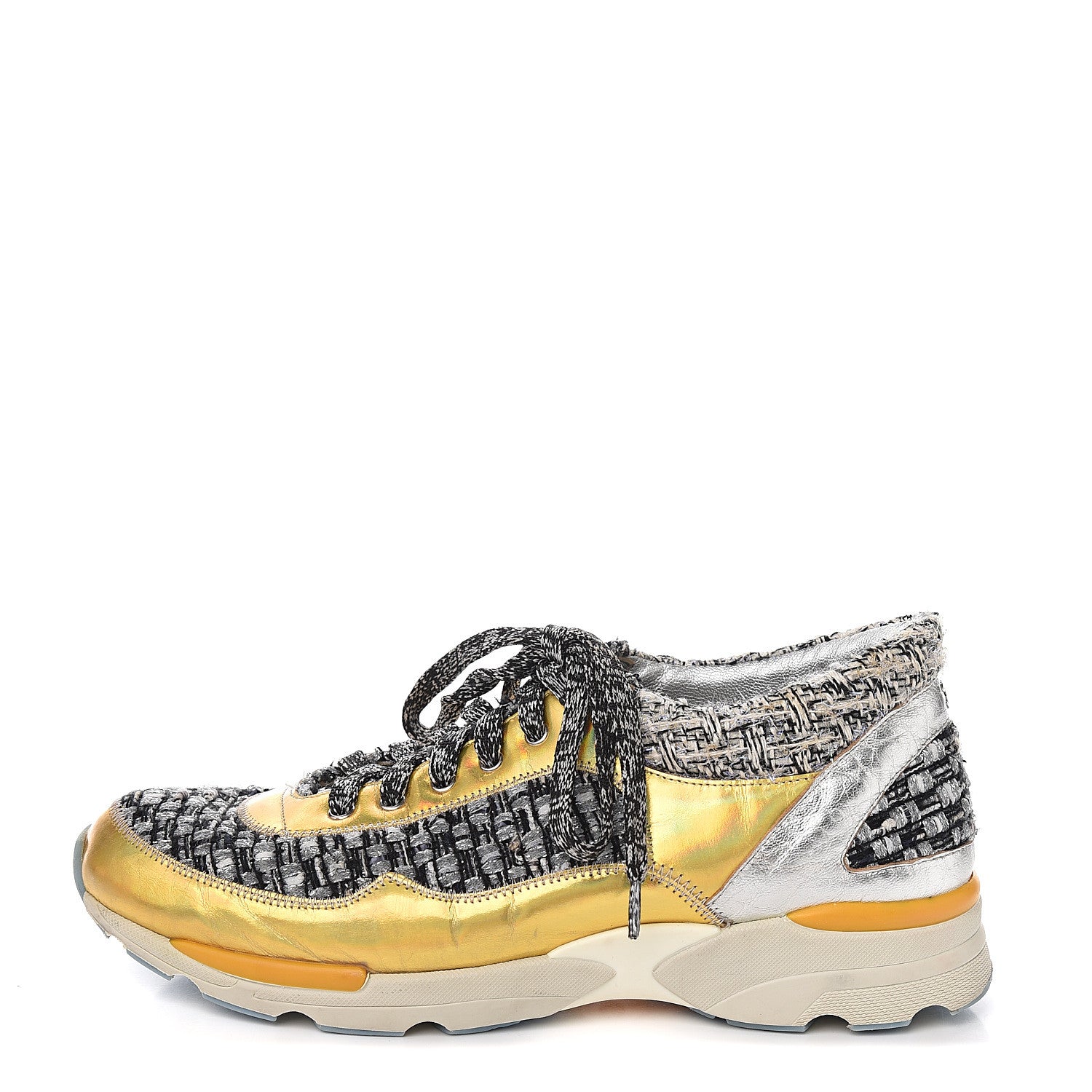 Chanel Tweed Lambskin Tennis Sneakers 37.5 Black White Argent 1 of 8