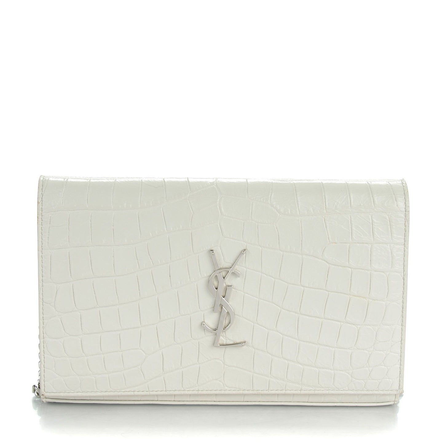 SAINT LAUREN Calfskin Crocodile Embossed Monogram Chain Wallet Pearl White