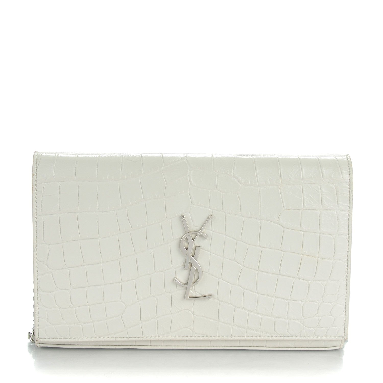 Saint Laurent SAINT LAUREN Calfskin Crocodile Embossed Monogram Chain Wallet Pearl White 1 of 9