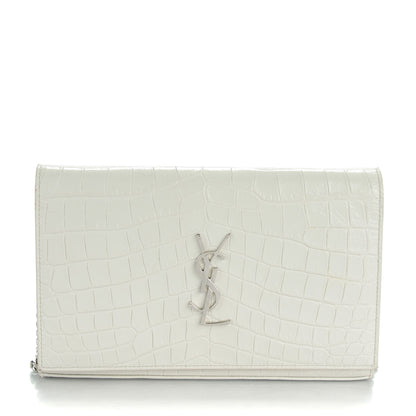 Saint Laurent SAINT LAUREN Calfskin Crocodile Embossed Monogram Chain Wallet Pearl White 1 of 9