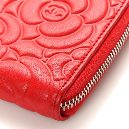 Chanel Lambskin Camellia Embossed Large Zip Around Gusset Wallet Red 9 of 9