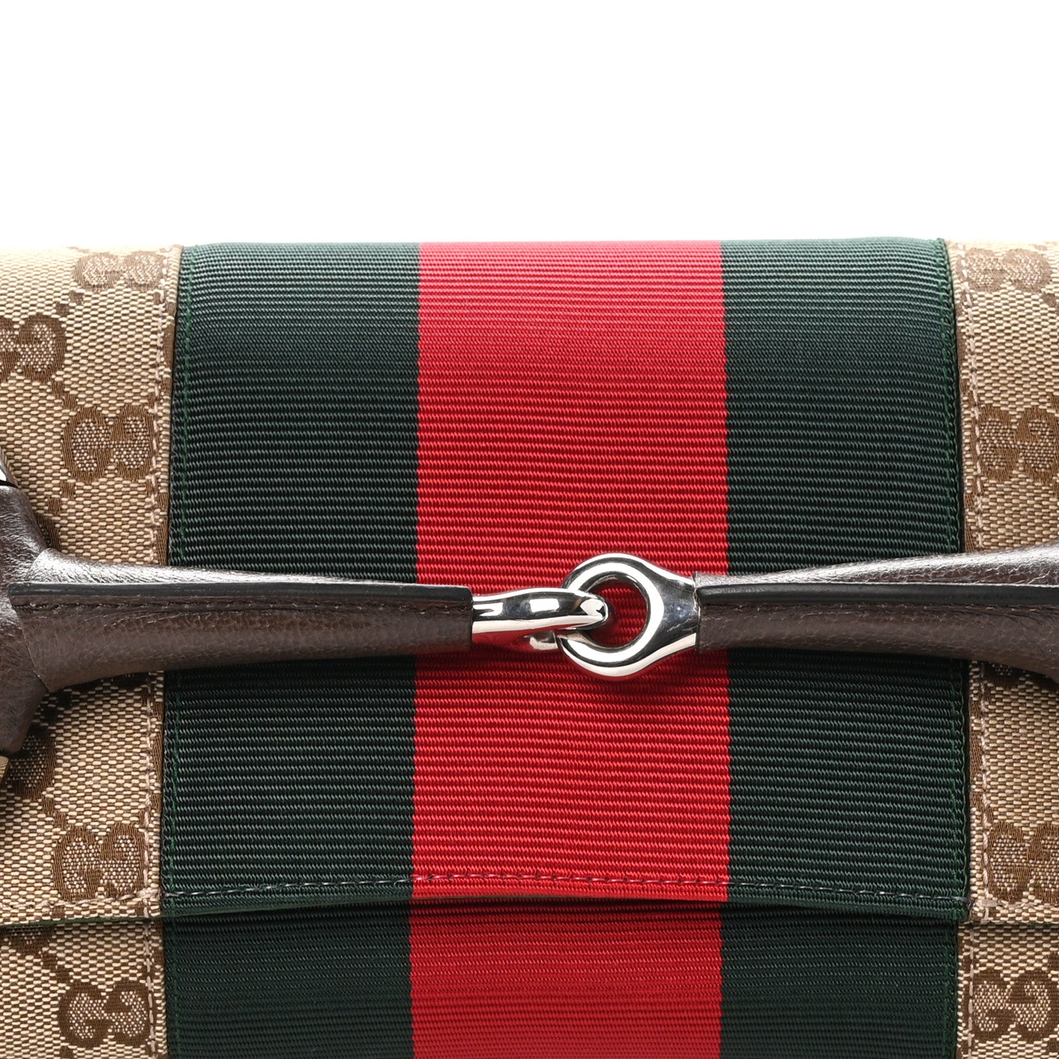 Gucci Monogram Textured Dollar Calfskin Heavy Grosgrain Web Medium Maxi Horsebit Chain Shoulder Bag Beige Ebony New Acero 8 of 10