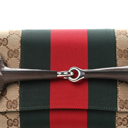 Gucci Monogram Textured Dollar Calfskin Heavy Grosgrain Web Medium Maxi Horsebit Chain Shoulder Bag Beige Ebony New Acero 8 of 10