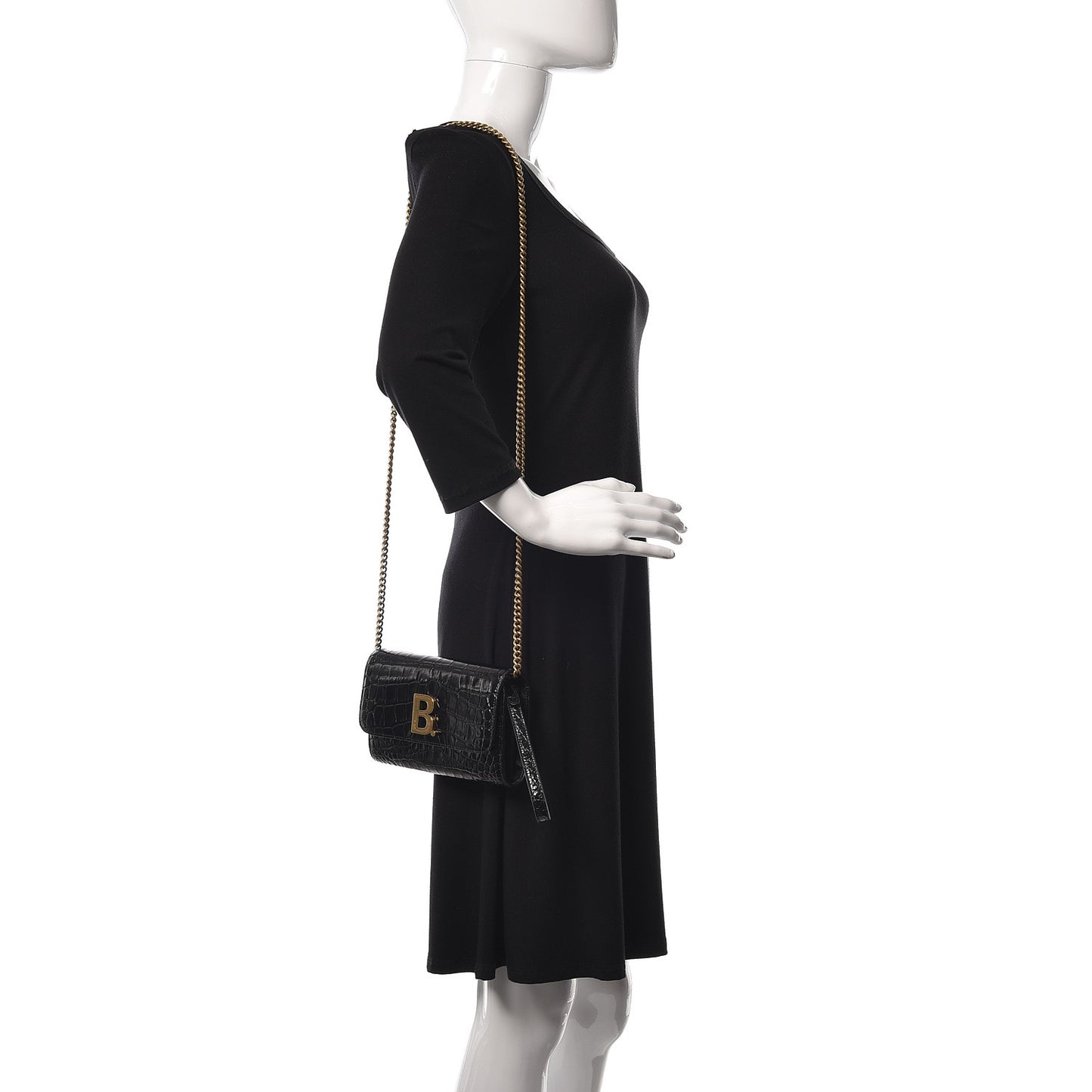 Shiny Calfskin Crocodile Embossed B Continental Chain Bag Black