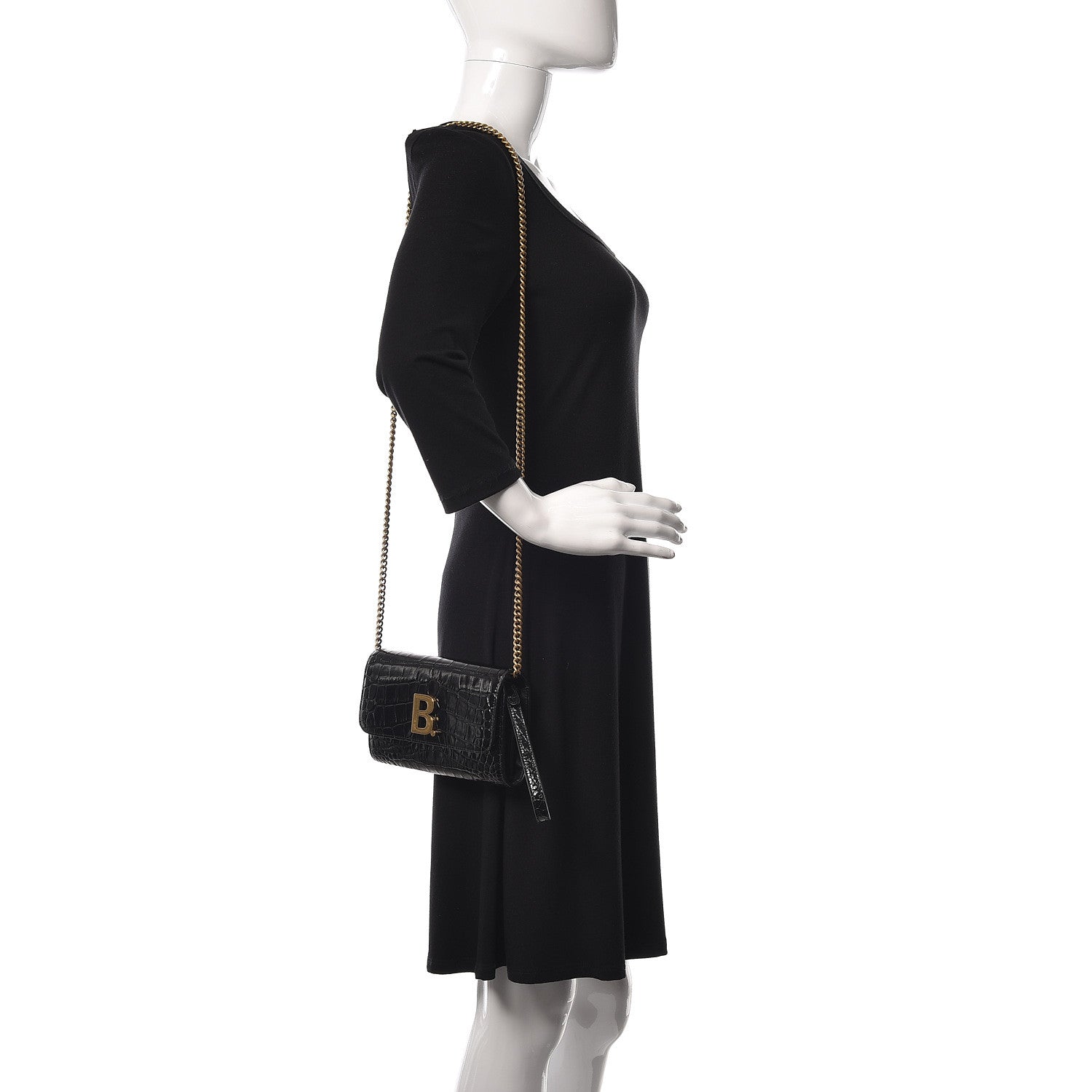 Balenciaga Shiny Calfskin Crocodile Embossed B Continental Chain Bag Black 2 of 11