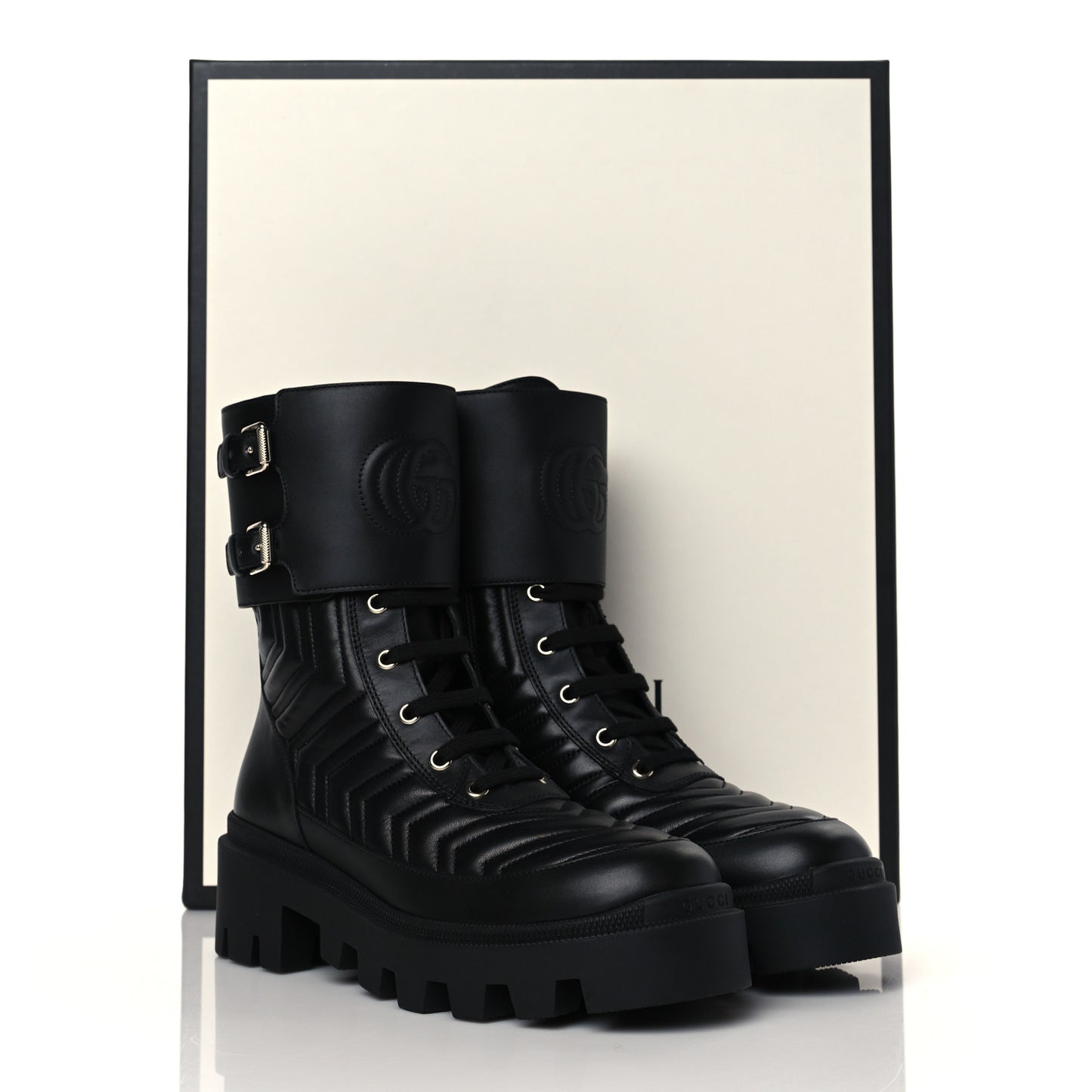 Nappa Frances GG Matelasse Platform Combat Boots 38 Black