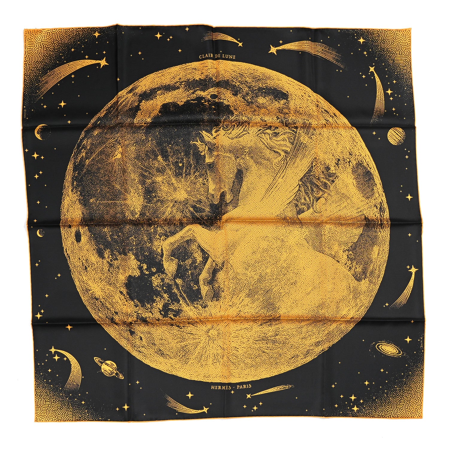 Hermes Silk Clair De Lune Double Face Scarf 90 Black Jaune D'Or Bleu 1 of 9