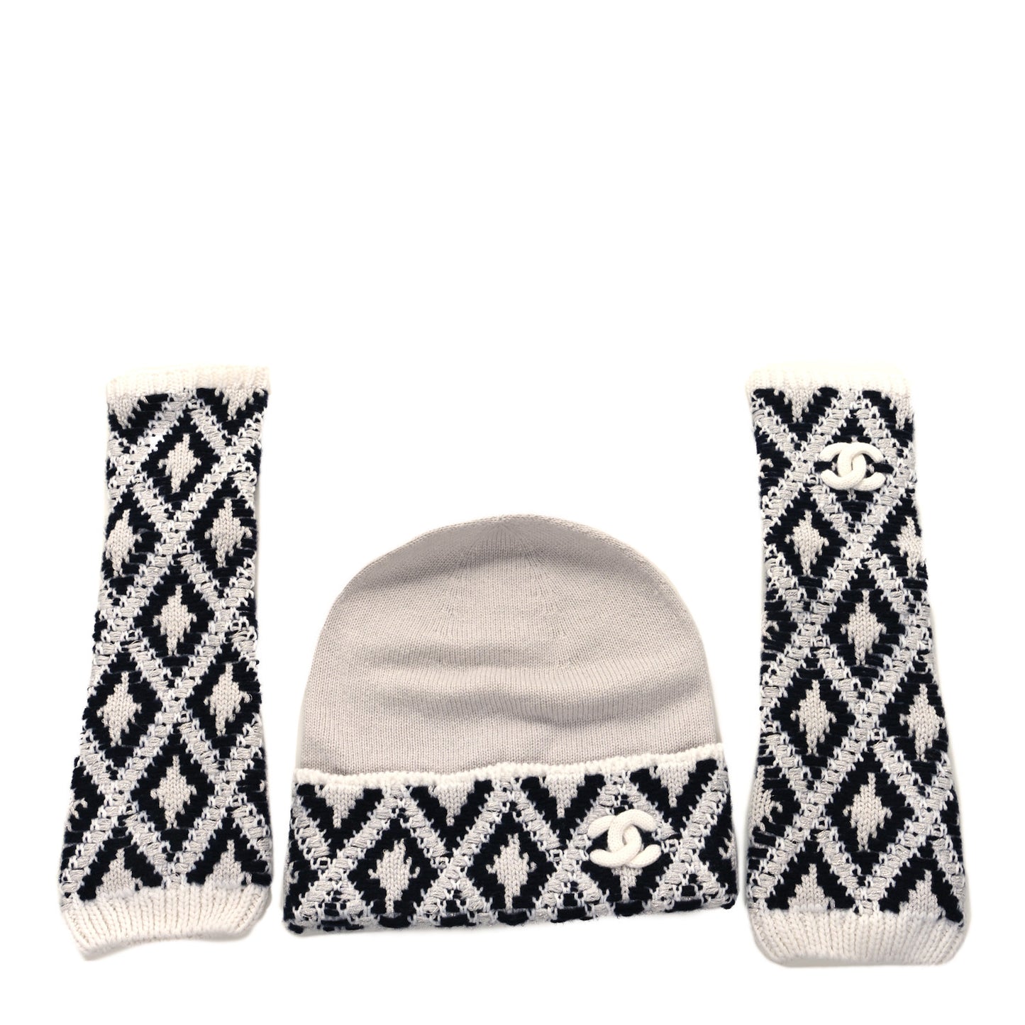 Cashmere Blend CC Beanie Hat With Gloves Set White Navy Blue