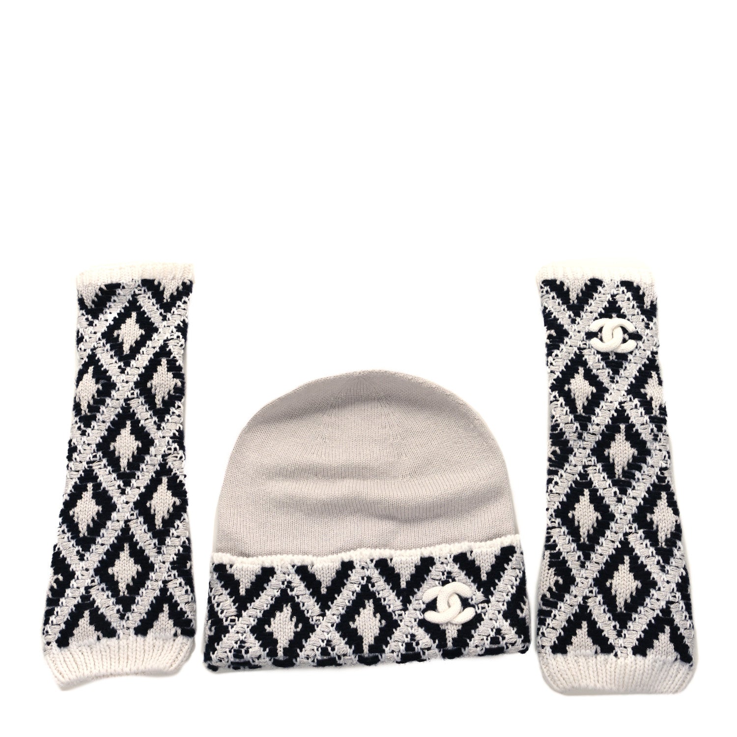 Chanel Cashmere Blend CC Beanie Hat With Gloves Set White Navy Blue 1 of 4